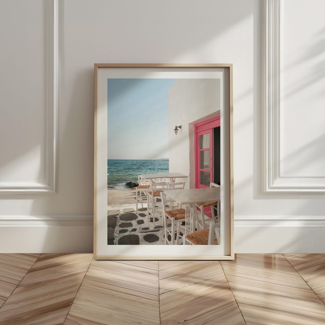 Whitewashed Seaside Cafe Pink Door Ocean View Photo Art Poster - Image 6