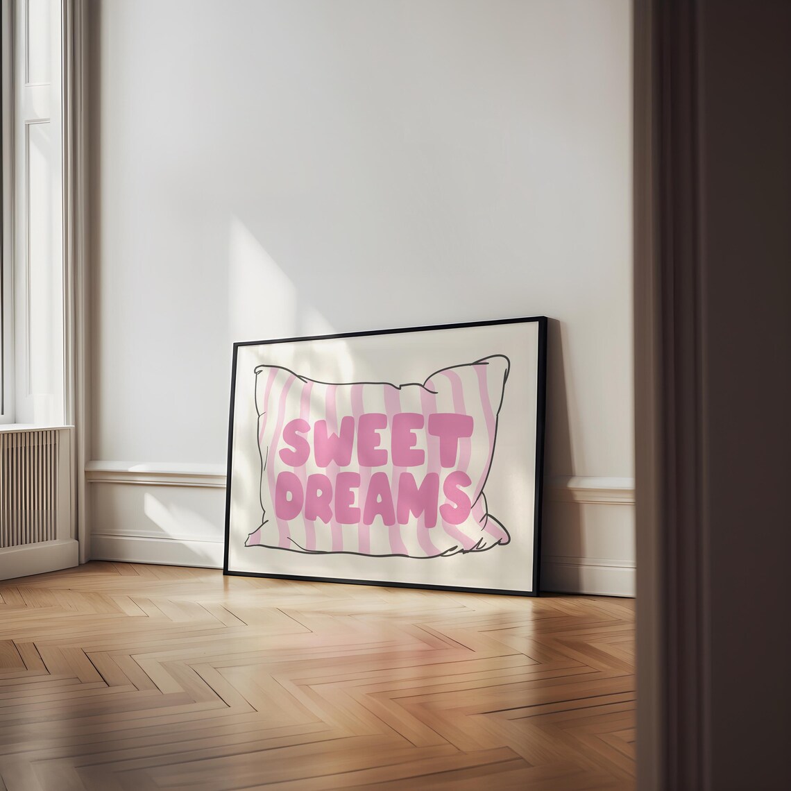 Sweet Dreams Pink Striped Pillow Little Girls Bedroom Quote Poster - Image 2