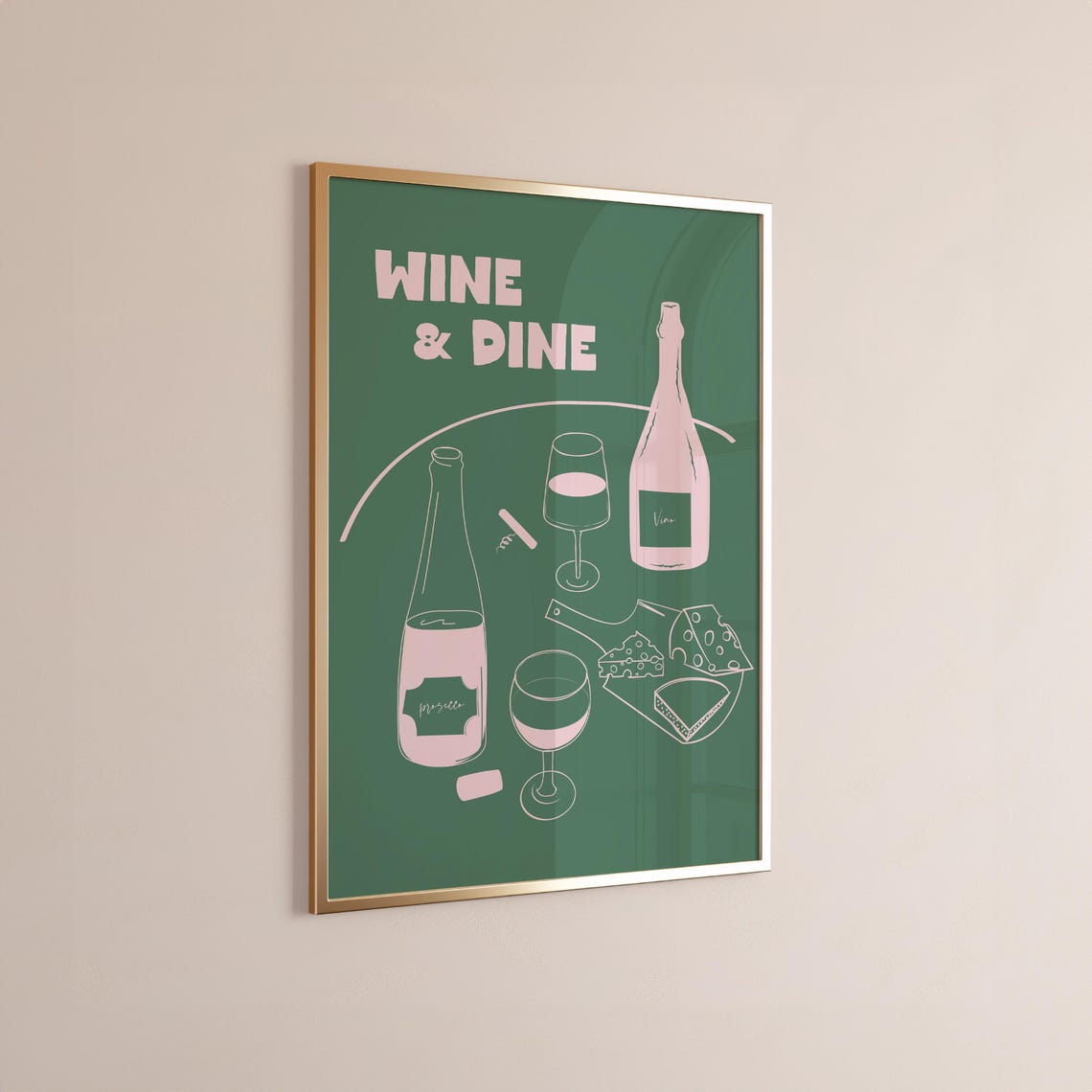 Wine And Dine Deep Dark Green Bar Art Cheese And Prosecco Poster - Image 5