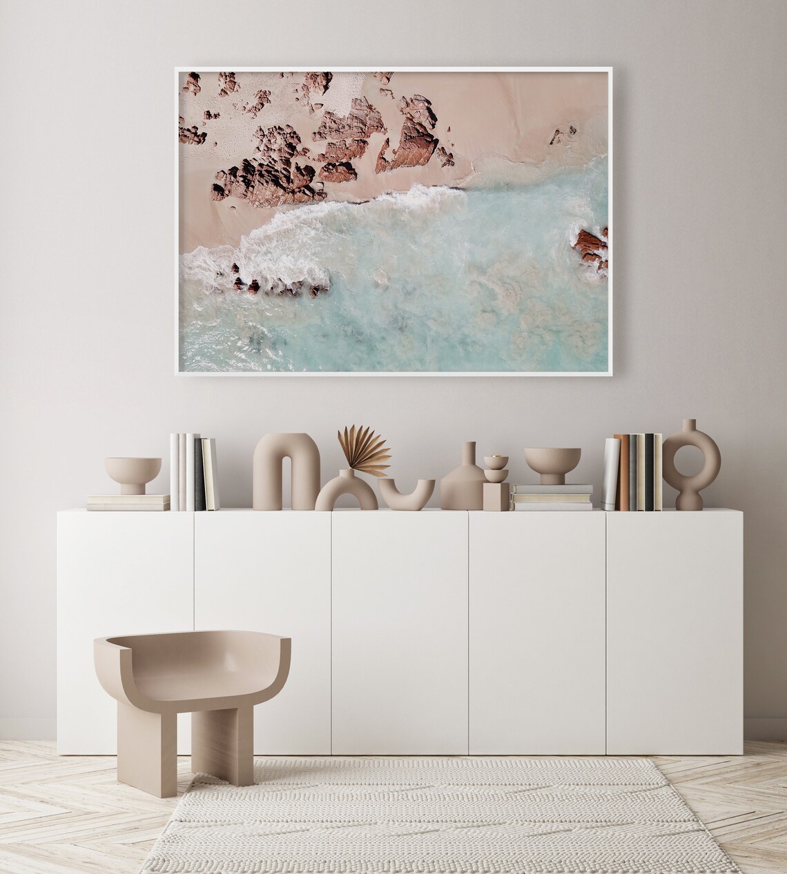 Aerial Pastel Beach Waves Red Rocks Turquoise Ocean Photo Poster - Image 2