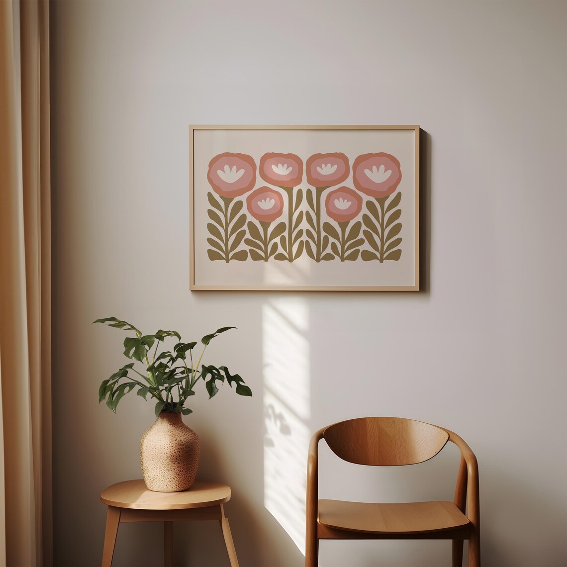 Terracotta Pink Blooms Olive Stems Cream Retro Floral Decor Poster - Image 4