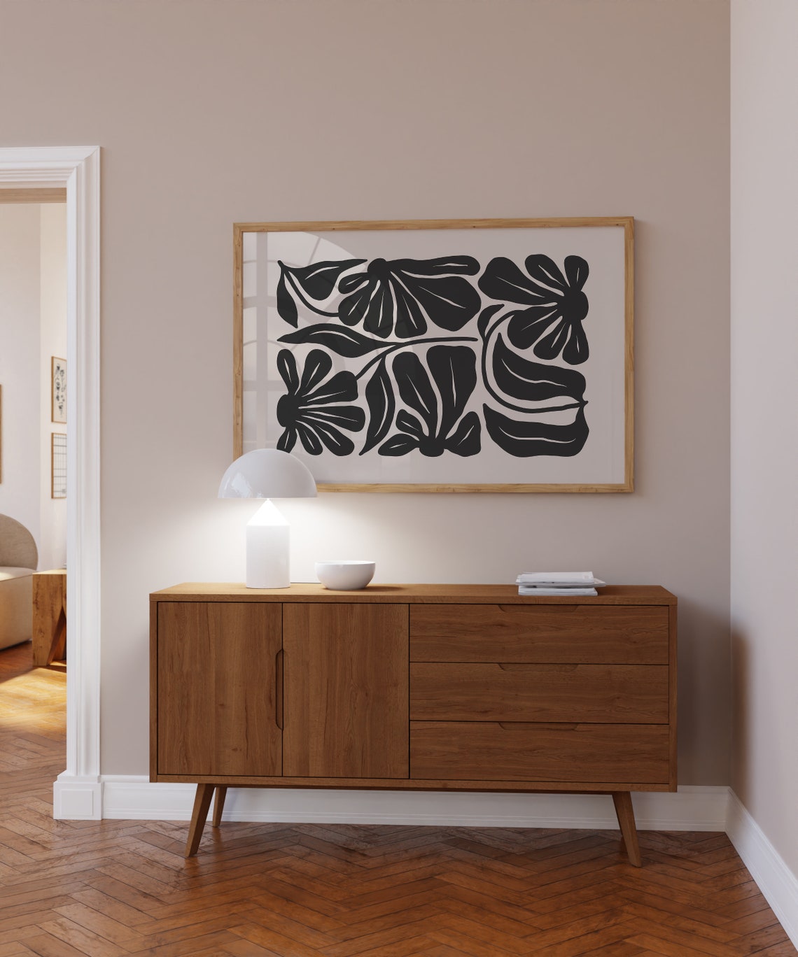 Black Retro Flowers On Beige Horizontal 70s Botanical Art Poster - Image 3