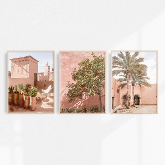 Moroccan Wall Art Print Set Marrakech Wall Art Blush Pink Green Wall Art Desert Prints Boho Wall Art Palm Tree Prints