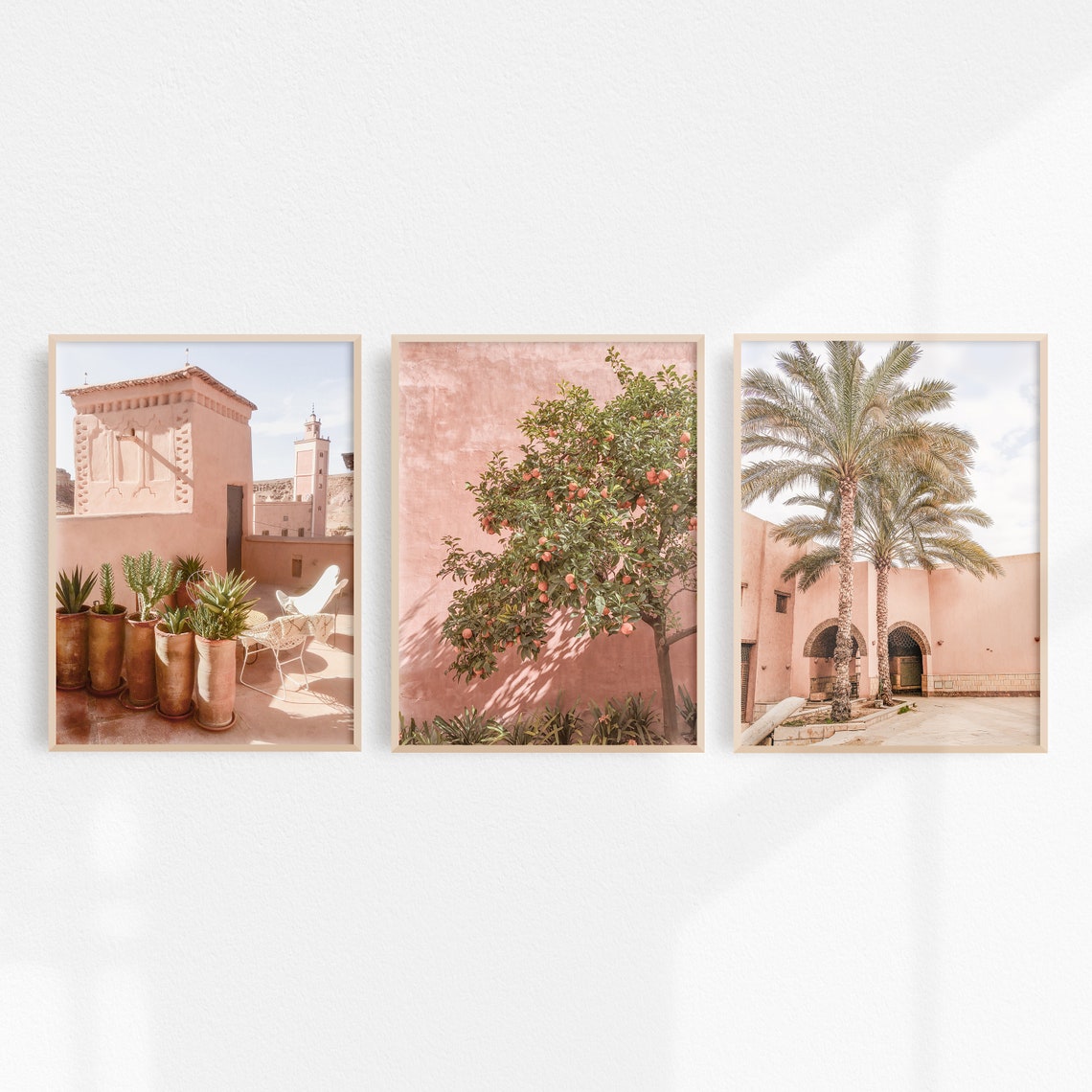 Moroccan Wall Art Print Set Marrakech Wall Art Blush Pink Green Wall Art Desert Prints Boho Wall Art Palm Tree Prints