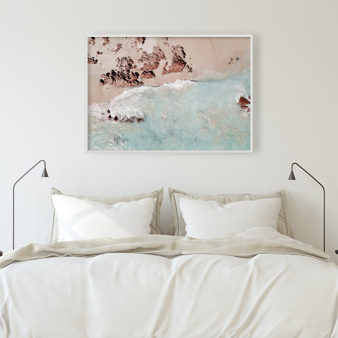 Aerial Pastel Beach Waves Red Rocks Turquoise Ocean Photo Poster - Image 3