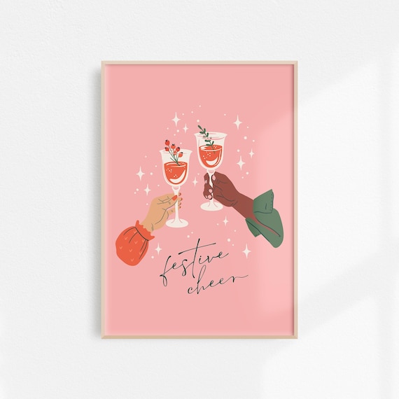 Festive Cheer Toasting Wine Glasses Pink Christmas Bar Poster