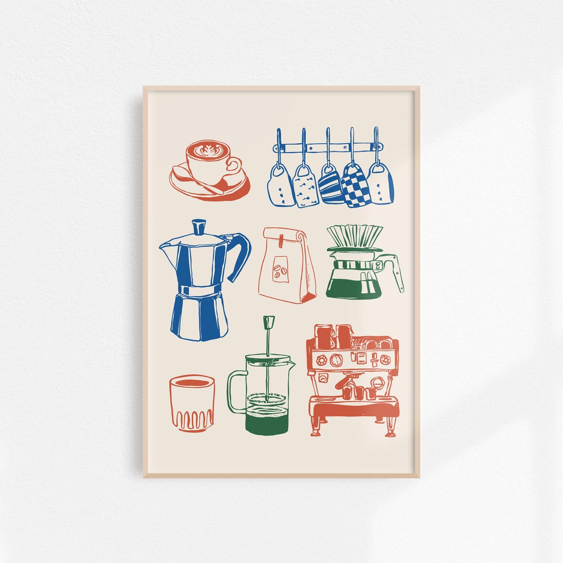 Retro Coffee Brewing Icons Moka Pot Red Blue Kitchen Art Poster - Image 3