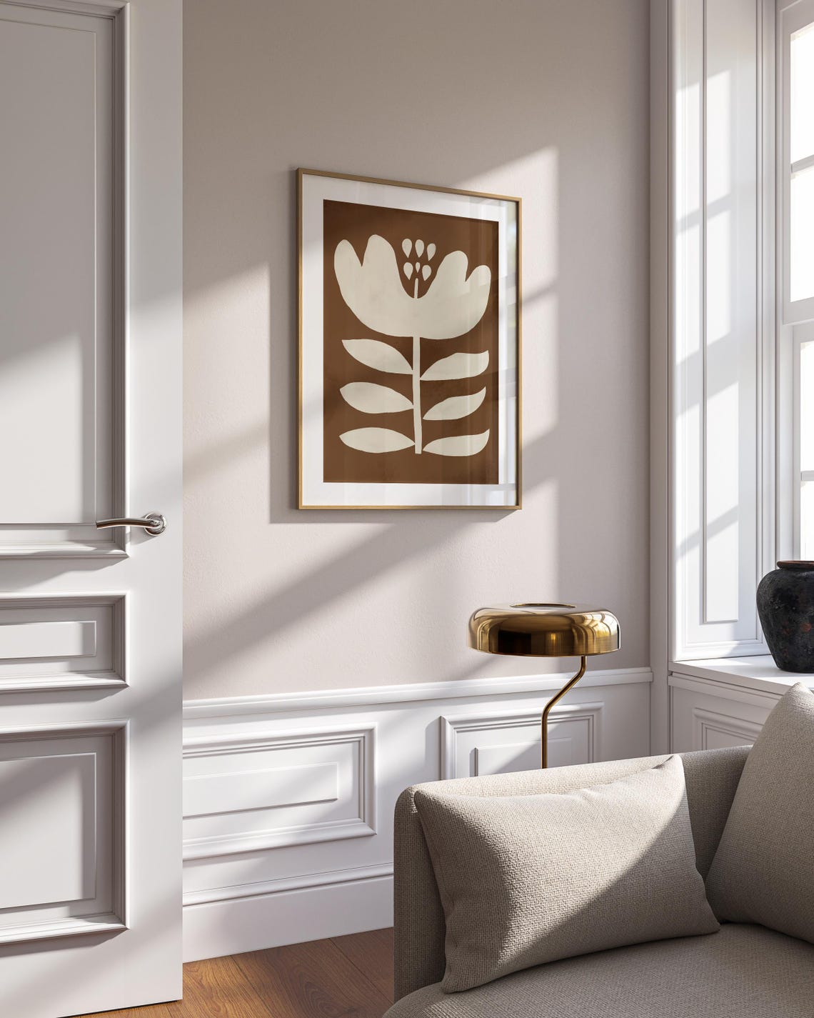 Brown Retro Floral Two Piece Set Cream Beige Abstract Wall Art - Image 3