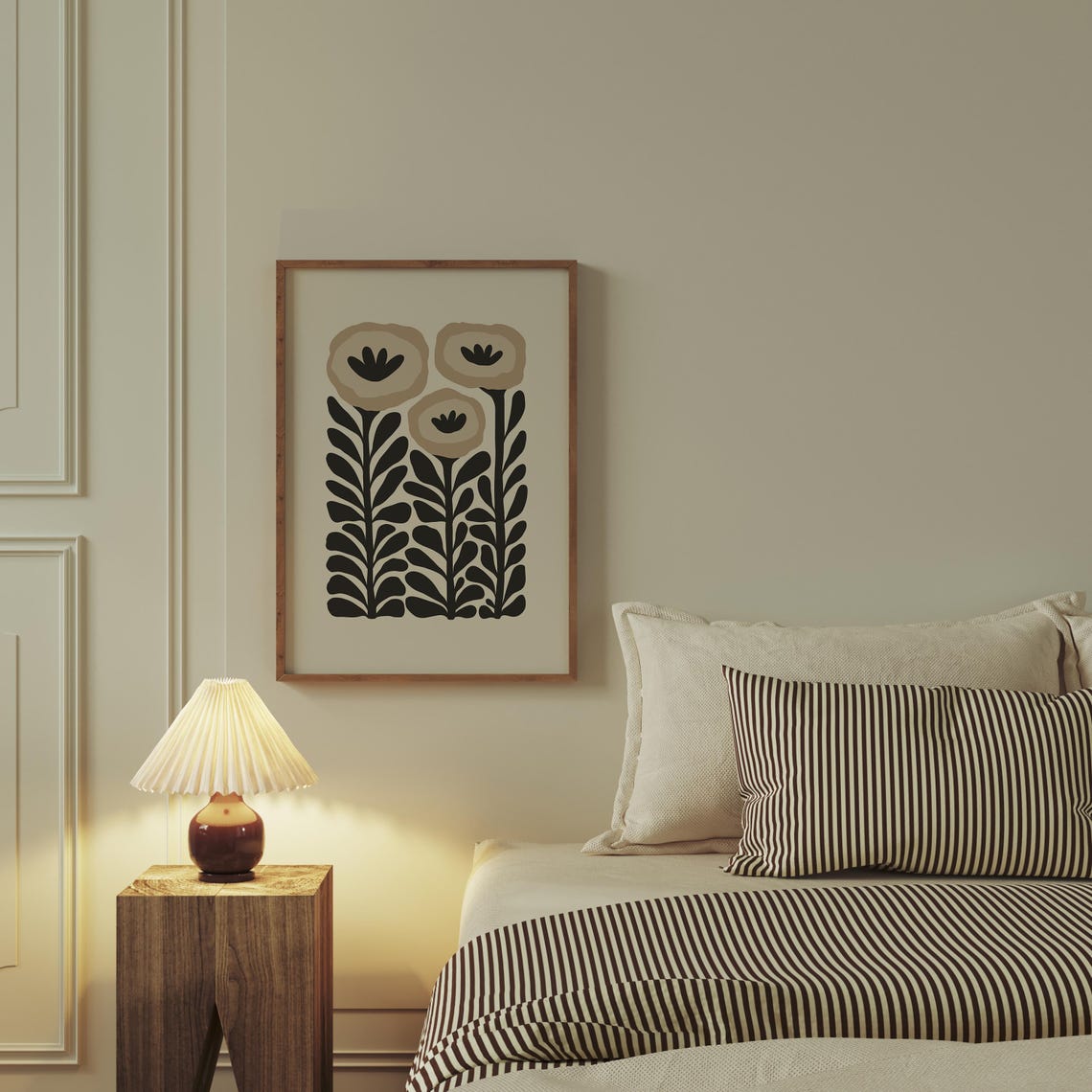 Black Beige Flower Abstract Botanical Minimal Mid Century Wall Art - Image 4