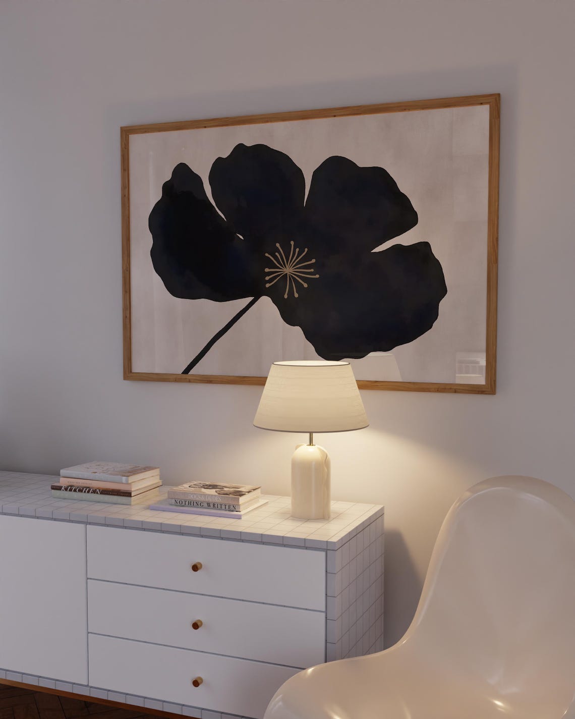 Black Navy Abstract Flower Beige Stamen Minimalist Floral Poster - Image 3