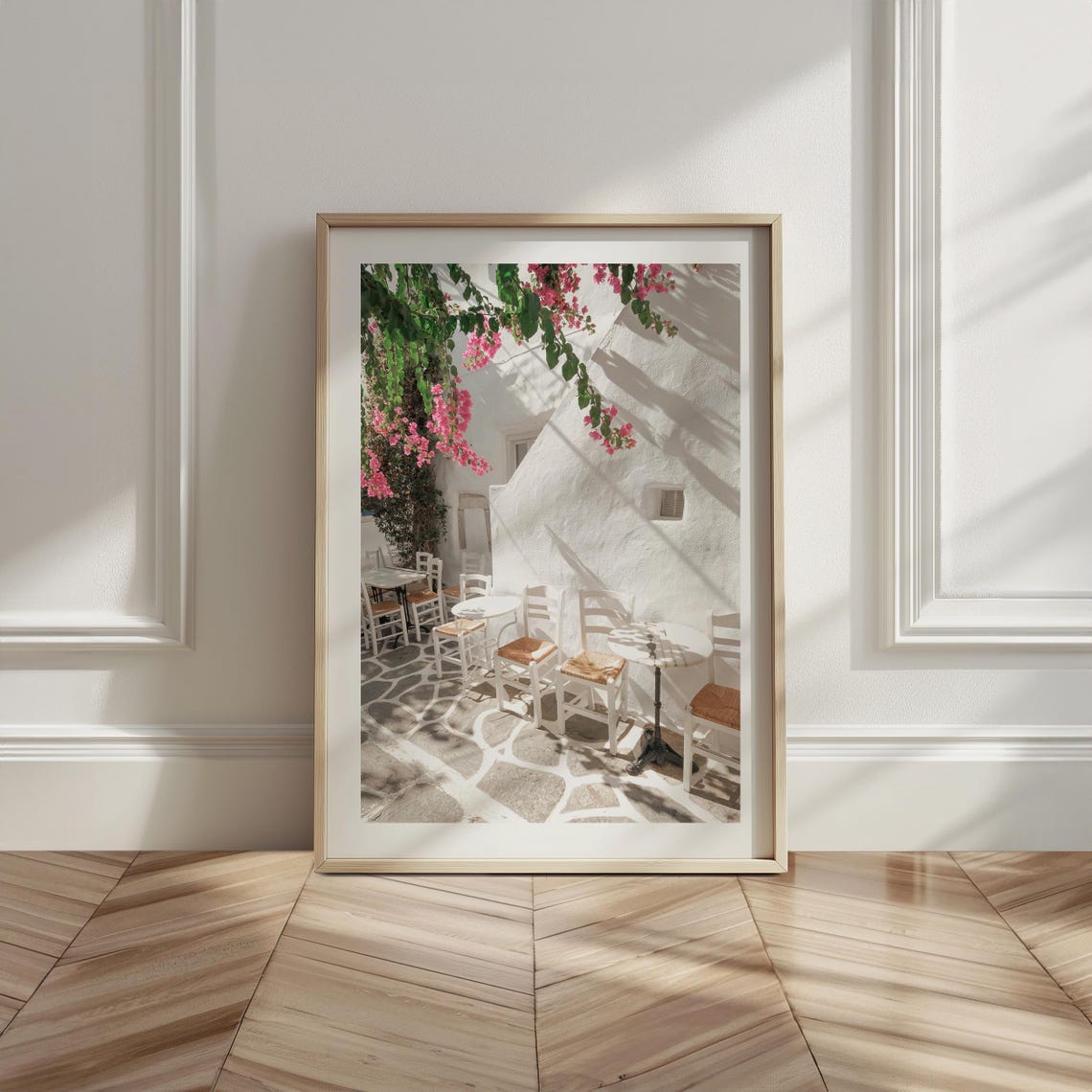 White Greek Courtyard Pink Bougainvillea Cafe Tables Travel Poster - Image 6