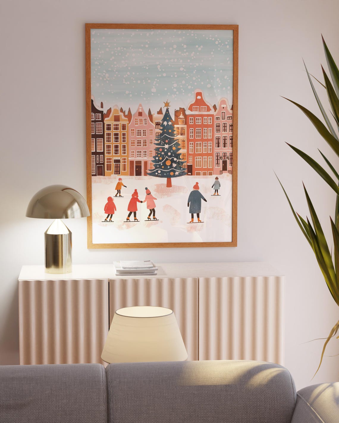 Retro Christmas Wall Art Cute Christmas Art Winter Village Print Cozy Season Pink Christmas Wall Art 11x14 12x16 16x20 18x24 - Image 2