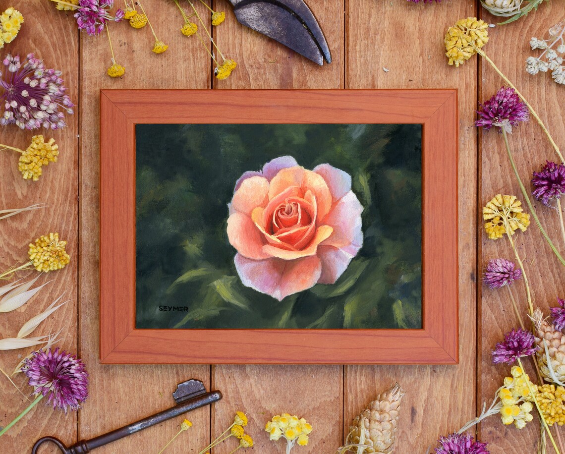 Peach Rose Bloom Close-Up Still Life Floral Oil Painting Poster - Image 3