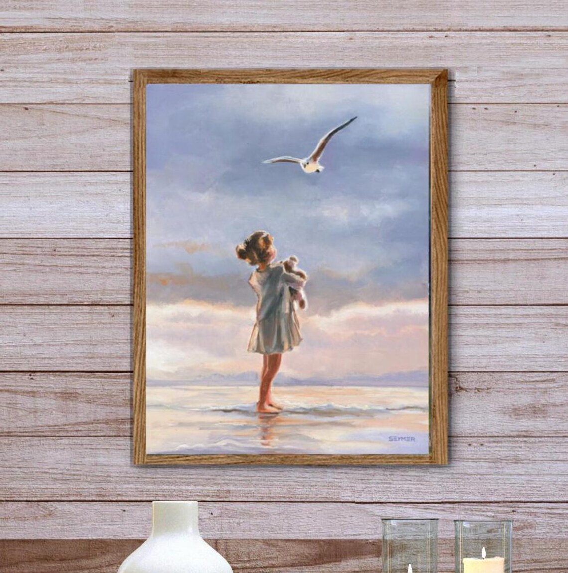 Little Girl With Seagull On Beach Oil Painting Childhood Art Poster