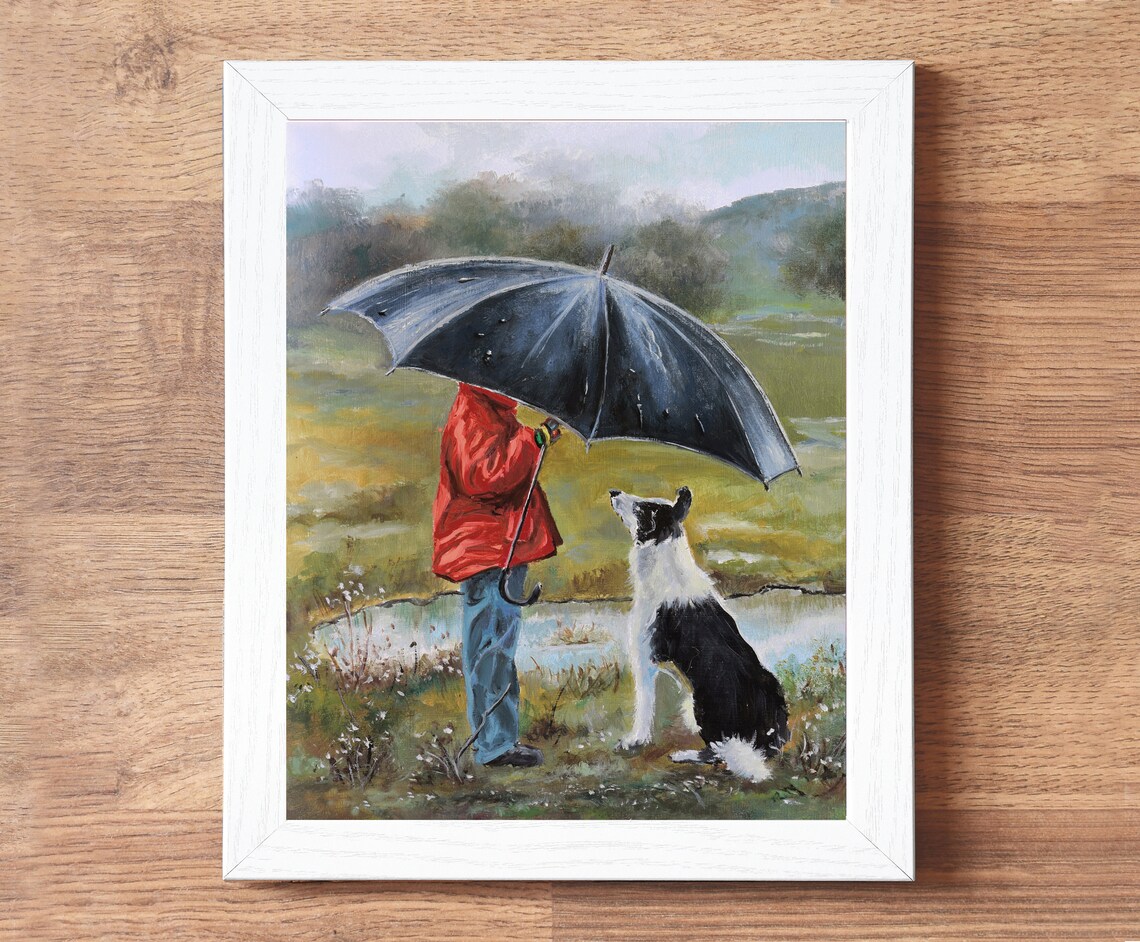 Boy Umbrella Border Collie Rainy Day Pond Field Oil Painting Poster - Image 2