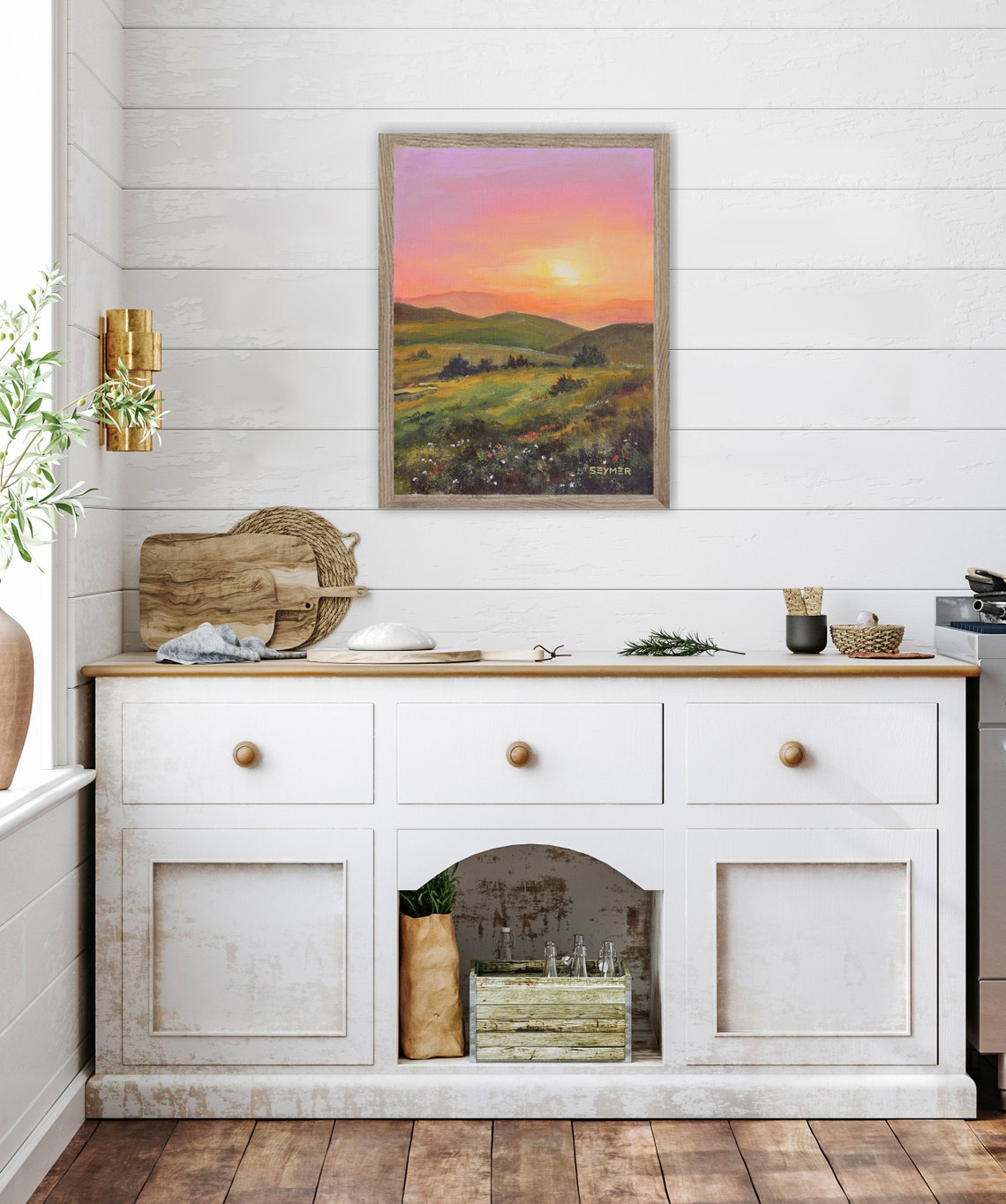Green Valley Sunset Landscape Oil Painting With Wildflowers Poster - Image 6