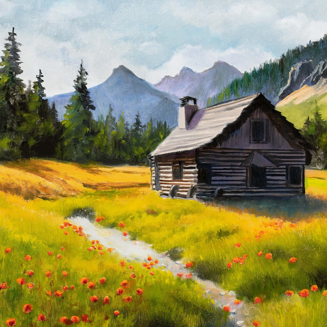 Rustic Log Cabin in a Mountain Wildflower Meadow with Stream Poster - Image 3
