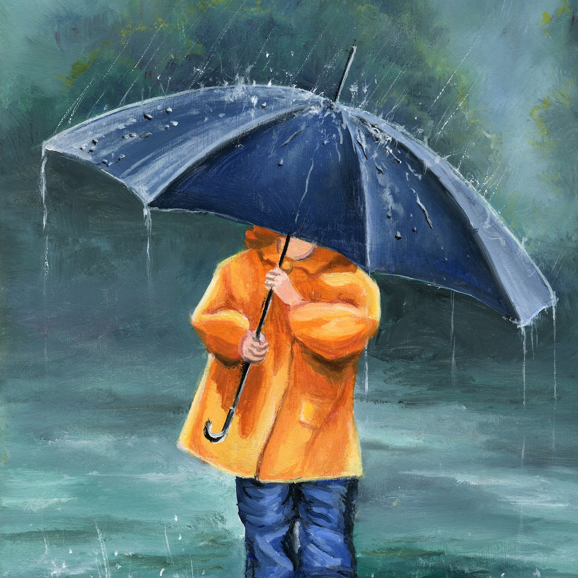 Child in an Orange Raincoat Holding a Navy Umbrella in the Rain Poster - Image 5