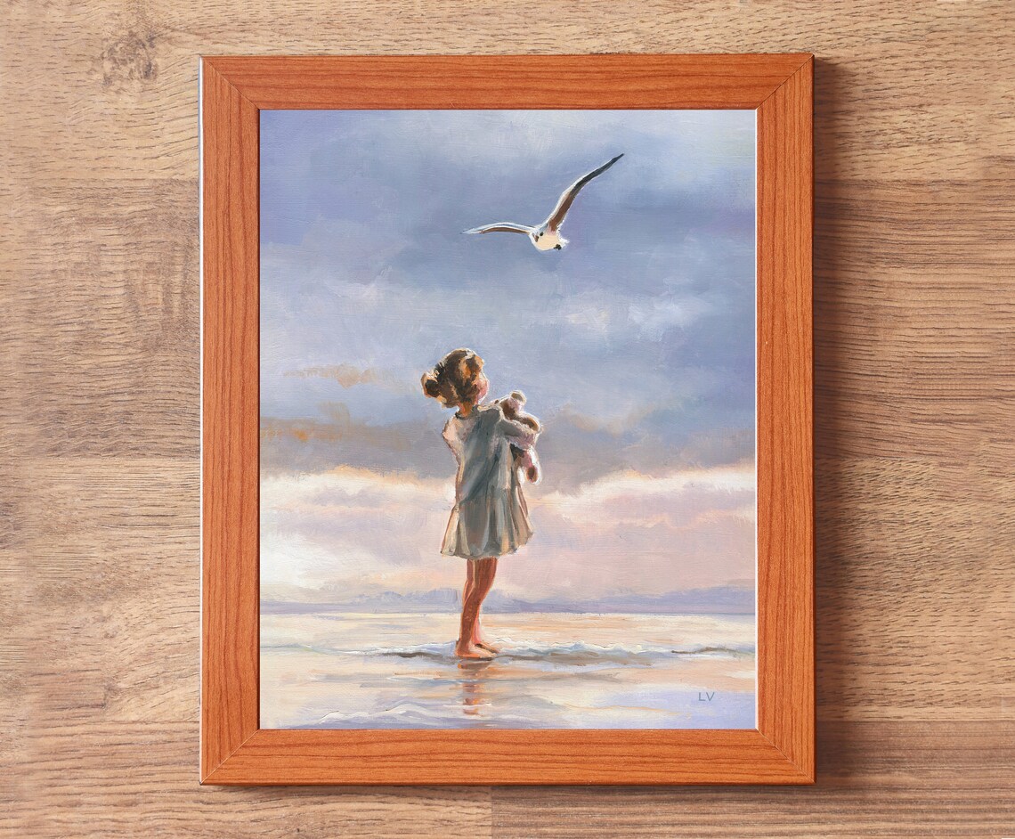 Little Girl Seascape, Vintage Oil Painting Print - Image 4