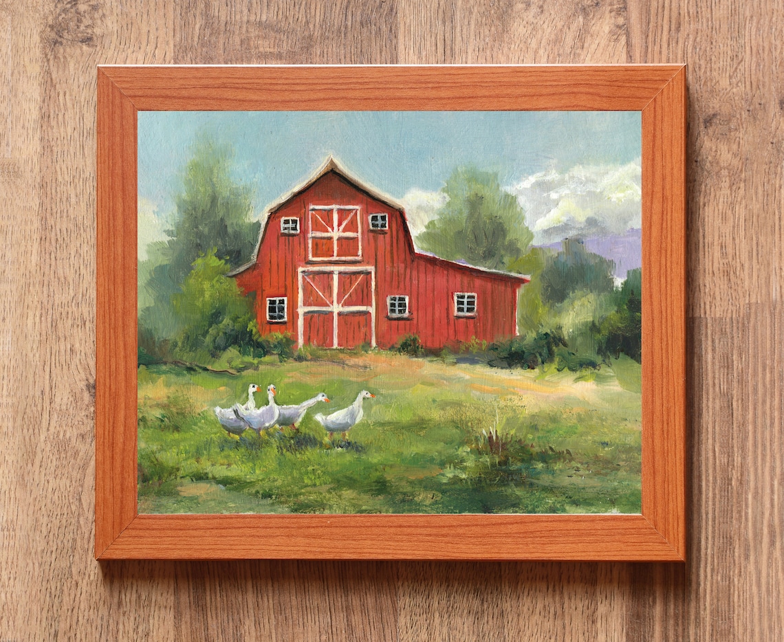 Classic Red Barn with White Geese Grazing in the Green Pasture Poster - Image 6