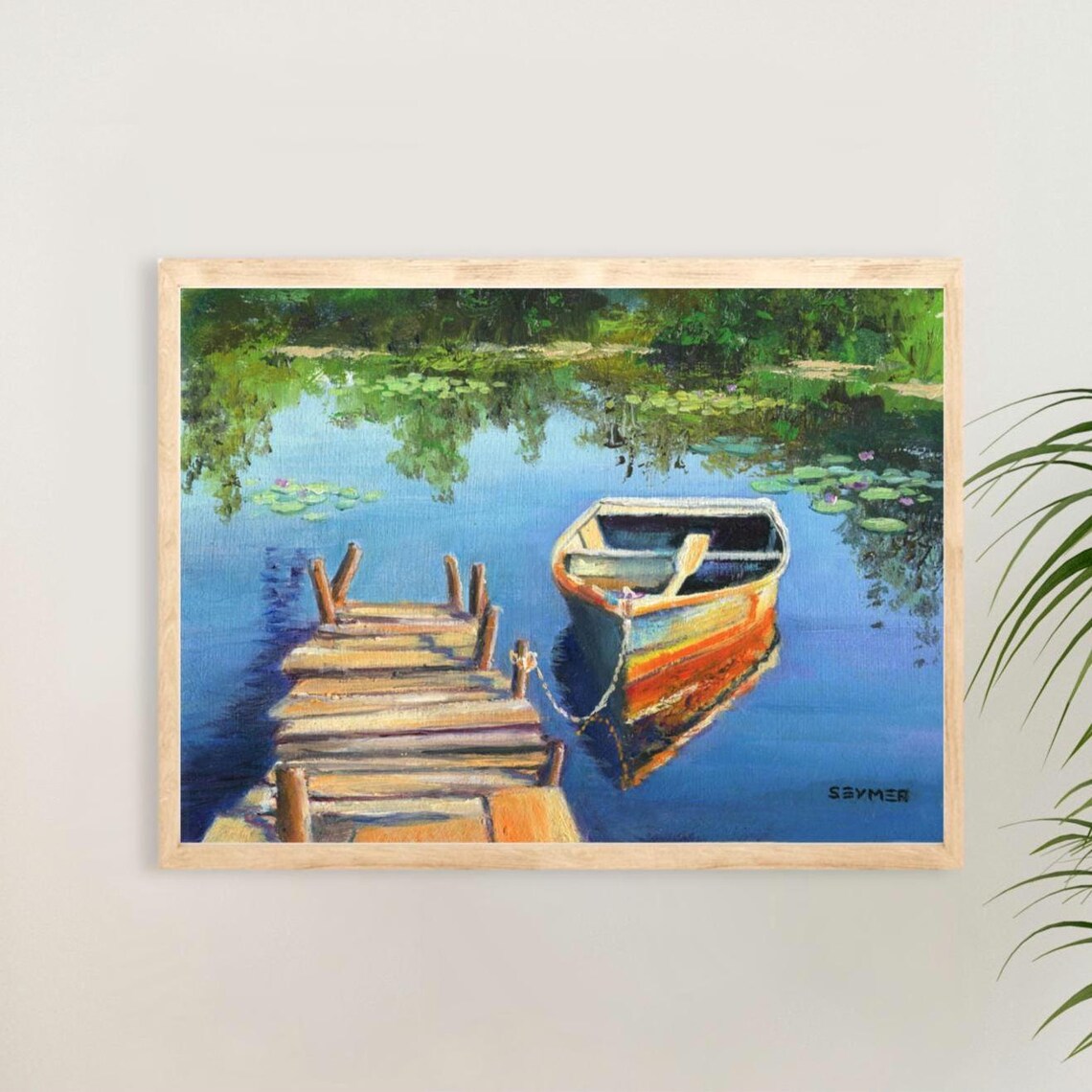 Wooden Dock And Boat On Lake Landscape Oil Painting With Lilies Poster