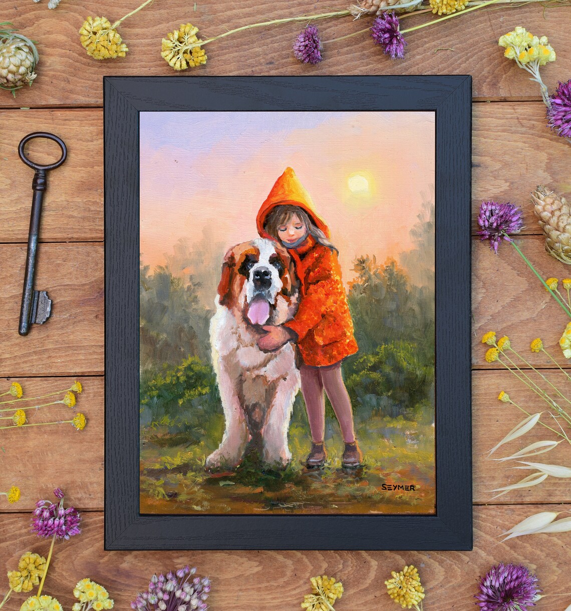 Little Girl in an Orange Hood Hugging a Saint Bernard Dog Poster - Image 6