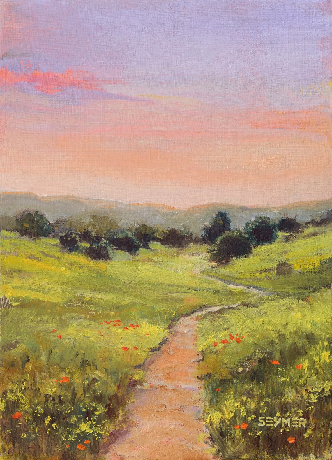 Flower-Dotted Meadow Path under a Soft Pink Sunset Sky Poster - Image 6