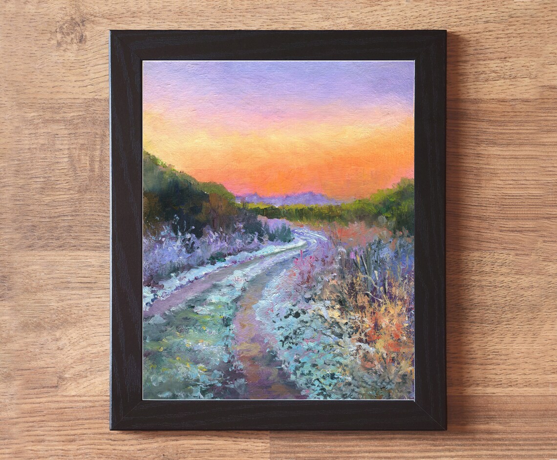 Snowy Country Road Winding through Winter Woods at Sunset Poster - Image 6