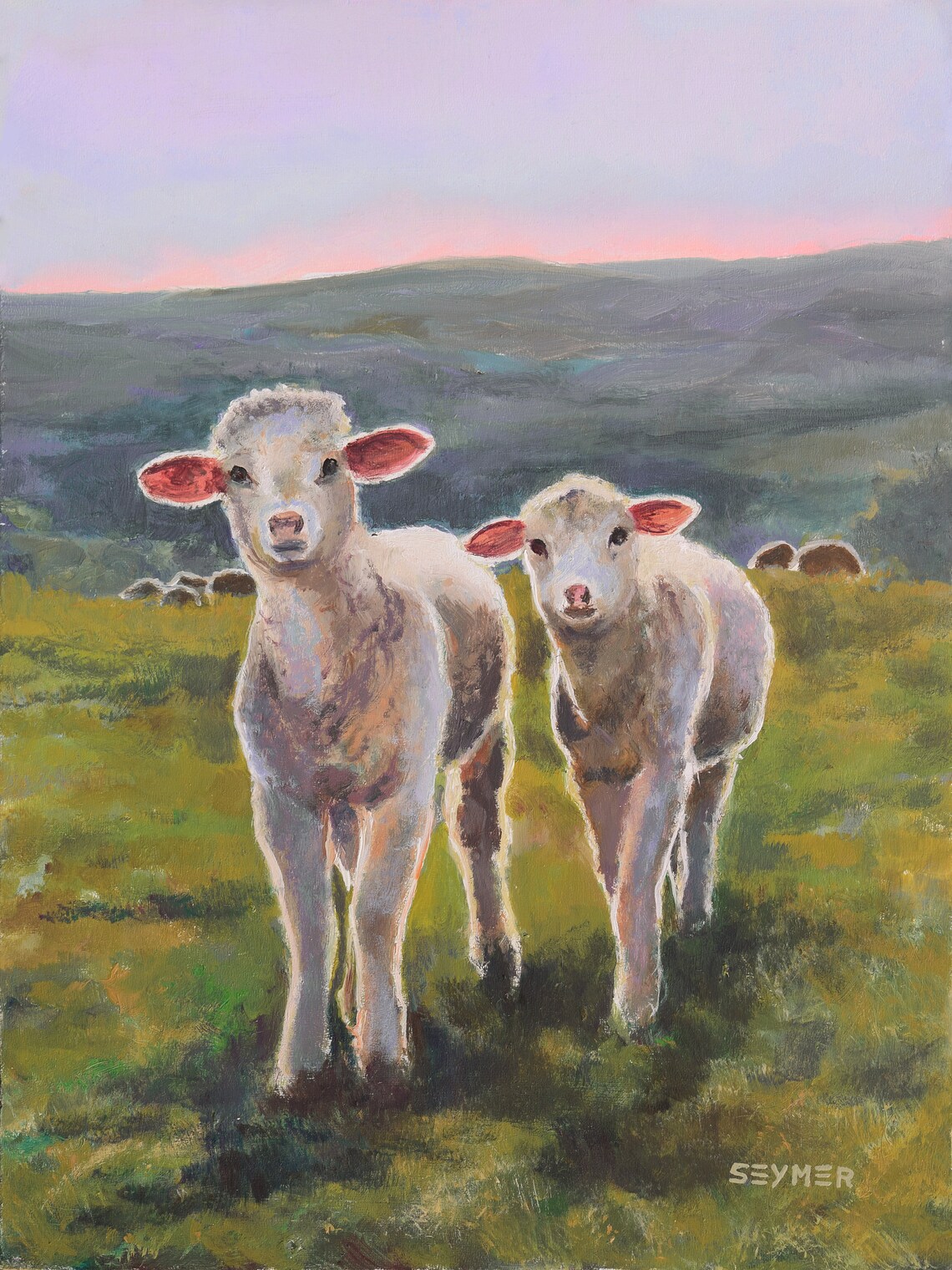 Two Curious Lambs in a Green Meadow at Pink Sunset Oil Painting Poster
