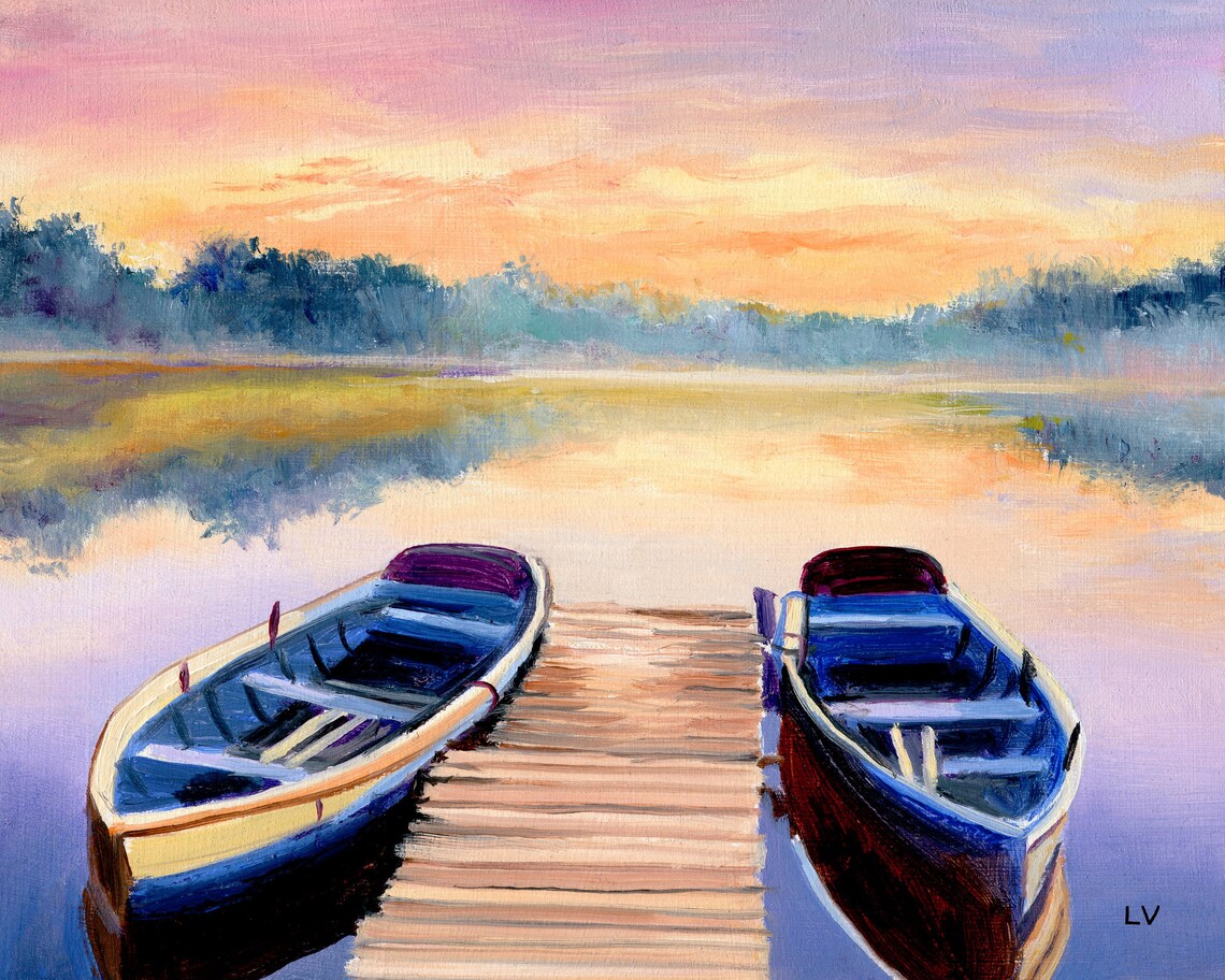 Two Wooden Boats Moored at a Dock on a Calm Lake at Sunset Poster
