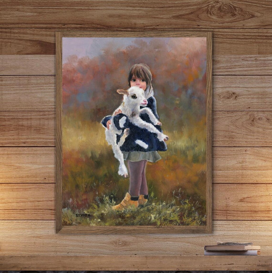 Little Girl Carrying Lamb In Field Farmhouse Oil Painting Poster
