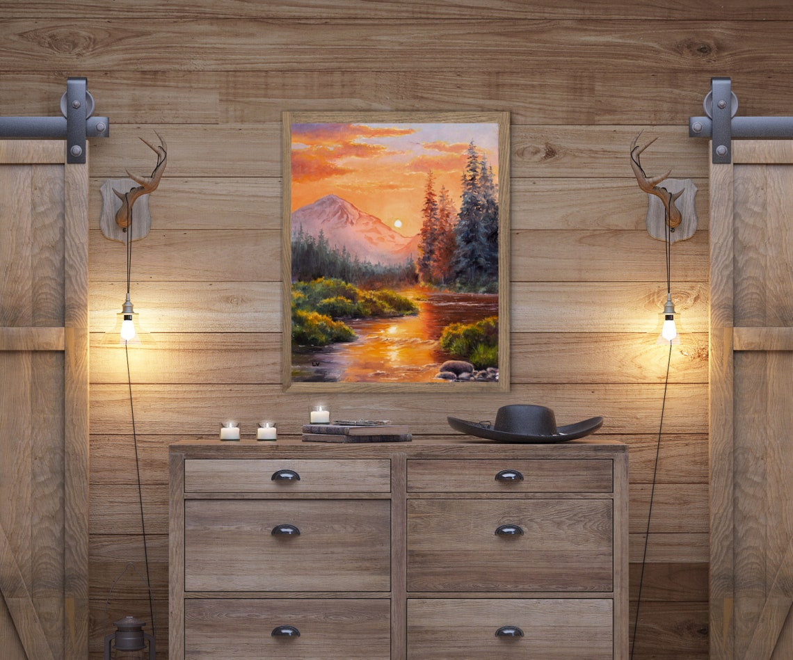 Mountain River at Sunset with Pine Trees Oil Painting Nature Poster - Image 4
