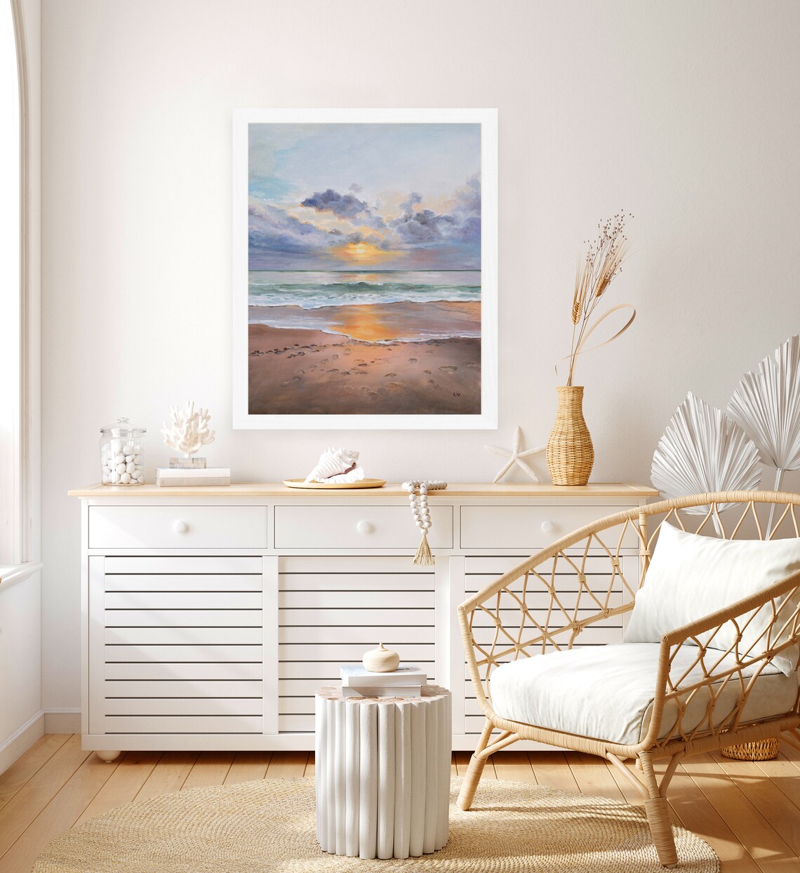 Quiet Beach Sunrise Sandy Shoreline Cloudy Morning Oil Painting Poster - Image 5
