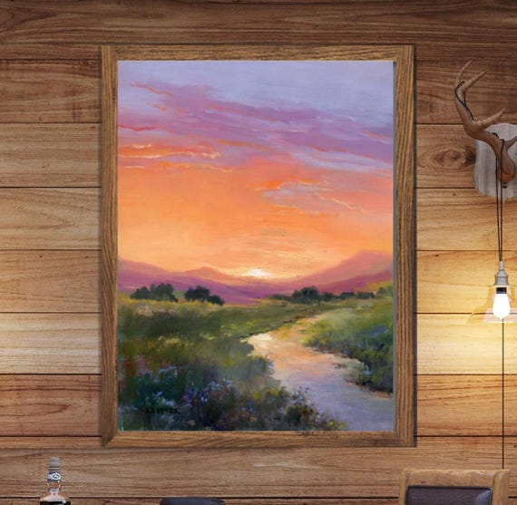 River Sunset Print Landscape Painting Poster Sunset Colors Sky Artwork Rustic Countryside Misty River Landscape Art Cabin Decor Wall Art