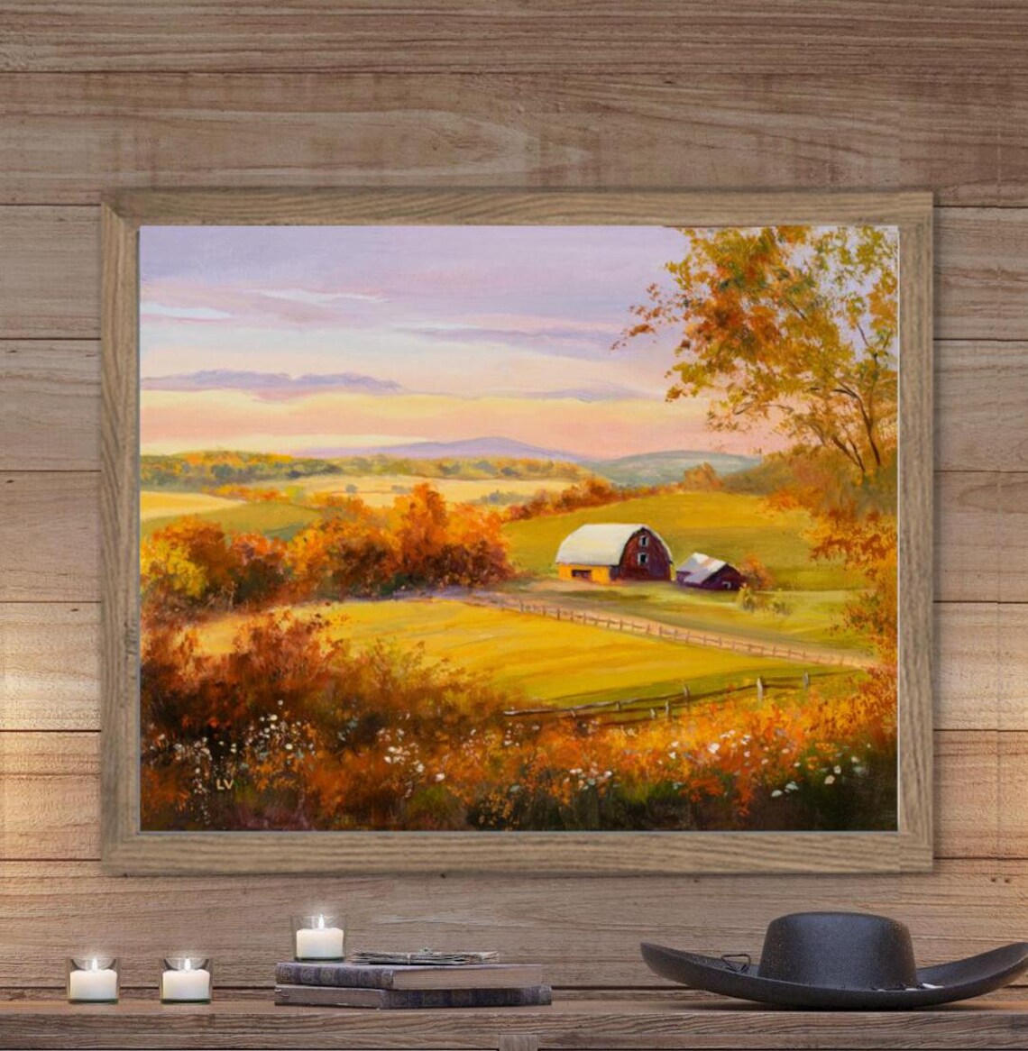 Autumn Harvest Farm With Red Barns At Golden Sunset Countryside Poster