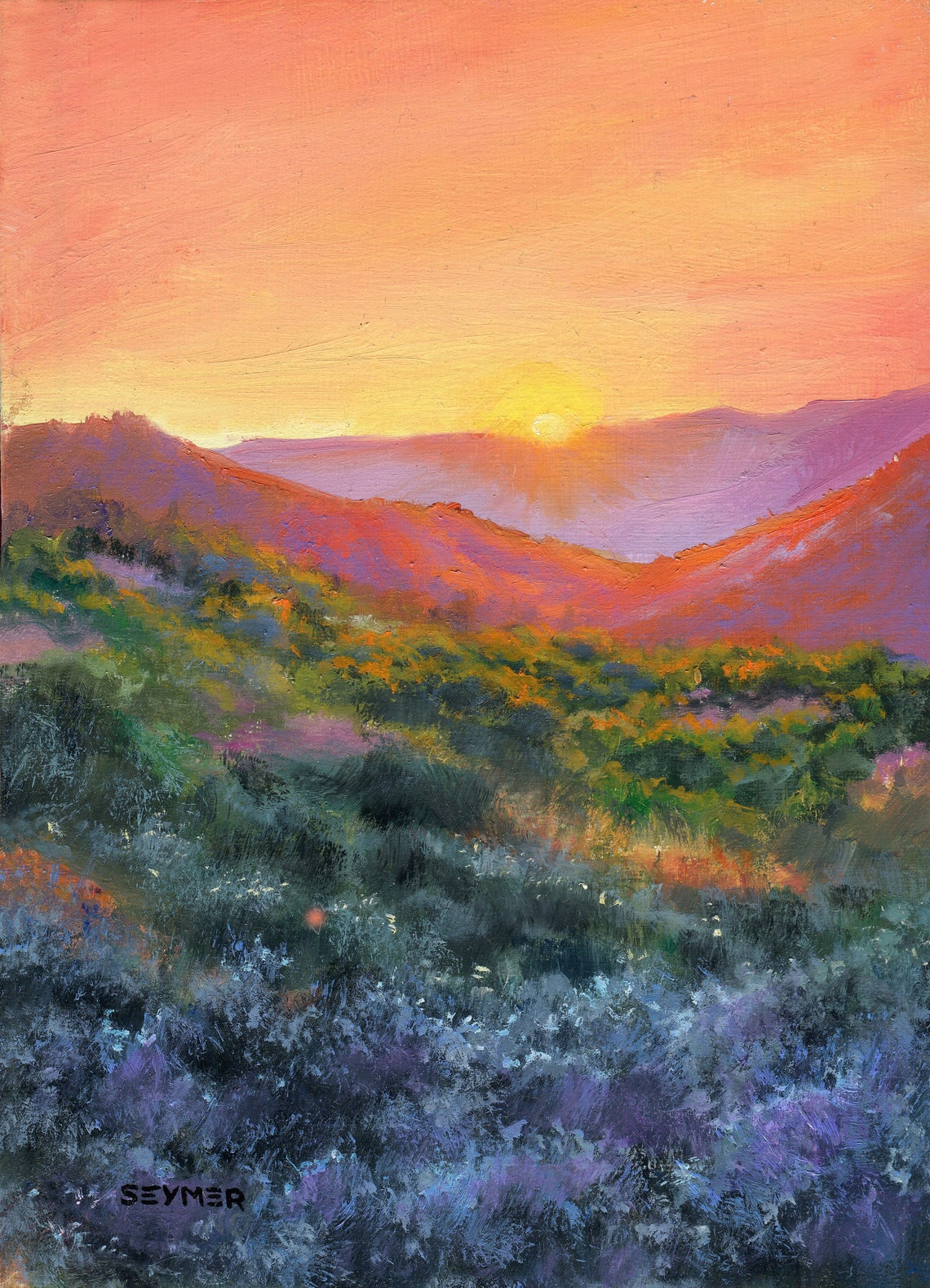 Desert Mountain Ranges Glowing under a Colorful Sunset Sky Poster