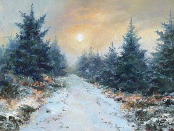 Misty Forest Original Oil Painting Fir Trees Landscape Fine Art Winter Snow Artwork Road Pine Snow Oil Painting Framed Cabin Decor Misty Sky