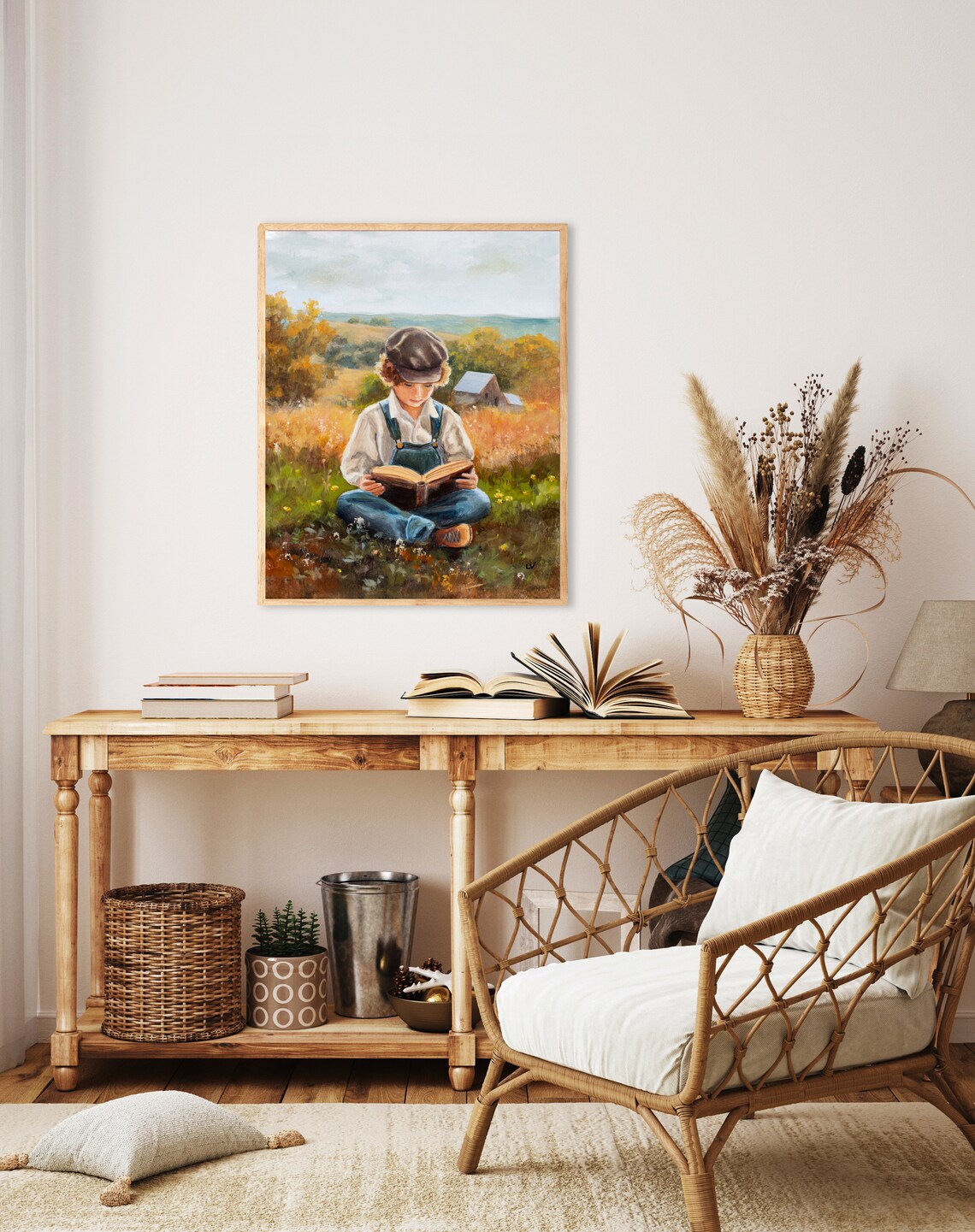 Country Boy Reading Book Golden Autumn Field Farm Oil Painting Poster - Image 3