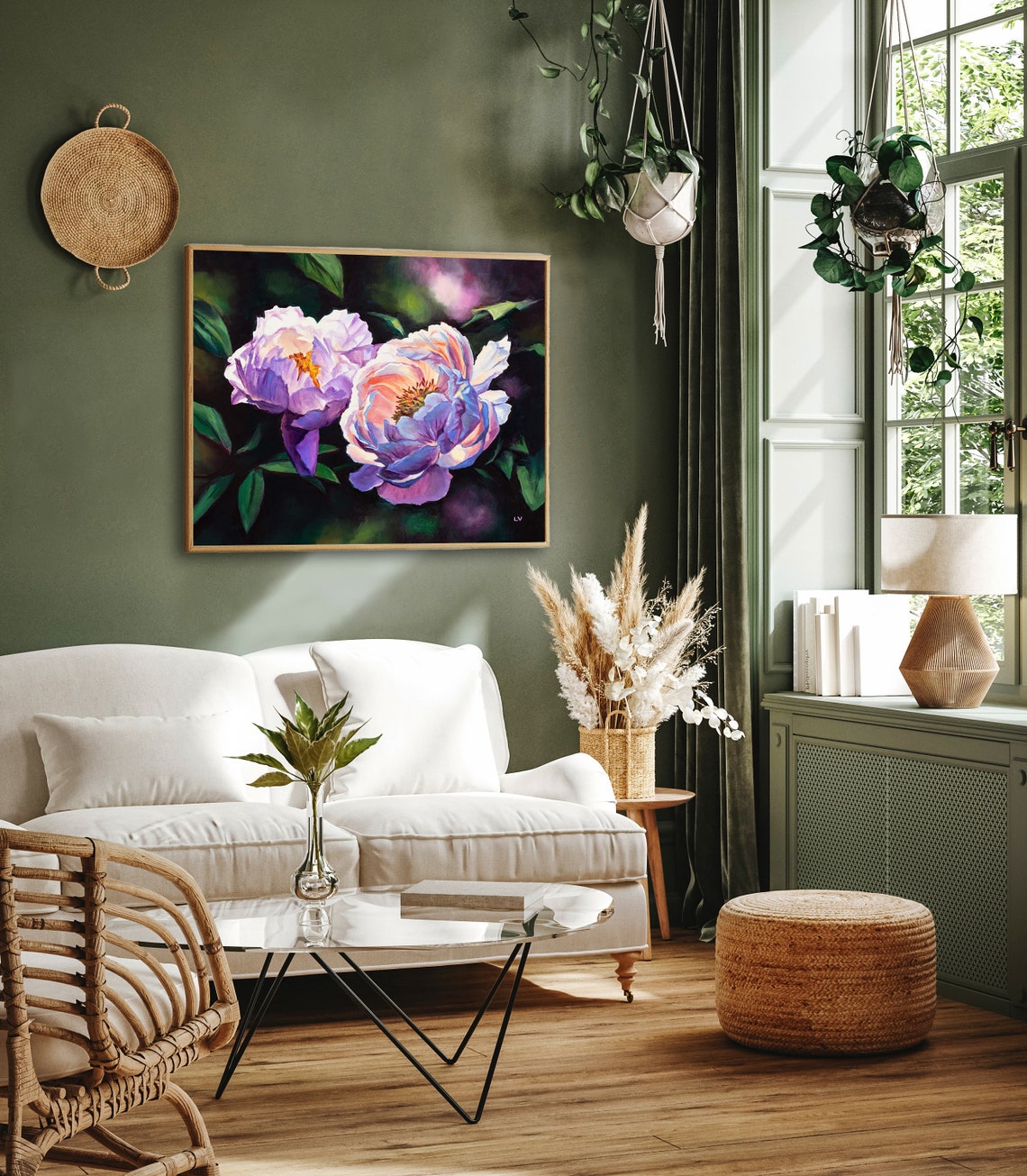 Blush Pink Peony Blossoms Blooming Against a Dark Moody Garden Poster - Image 2