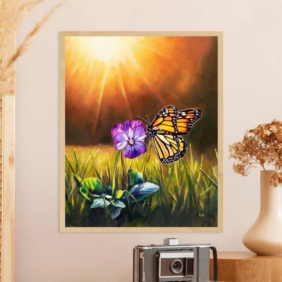 Monarch Butterfly And Purple Flower Print Pansy Wall Art Print Floral Insect Poster Meadow Landscape Drawing Gardener Gift Nature Lover