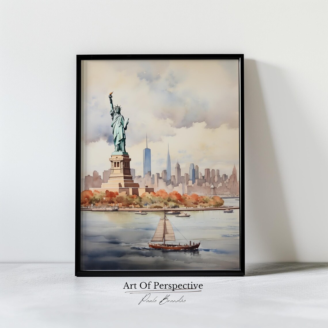Statue Of Liberty Watercolor With Manhattan Skyline And Sailboat Poster