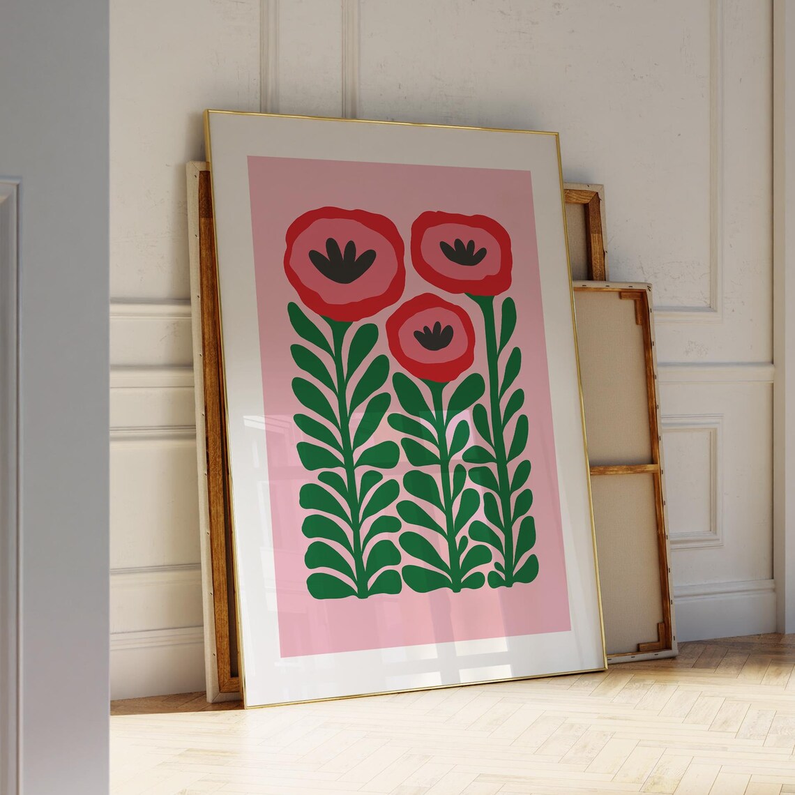 Retro Red Poppy Flowers Pink Green Mid Century Dopamine Wall Art