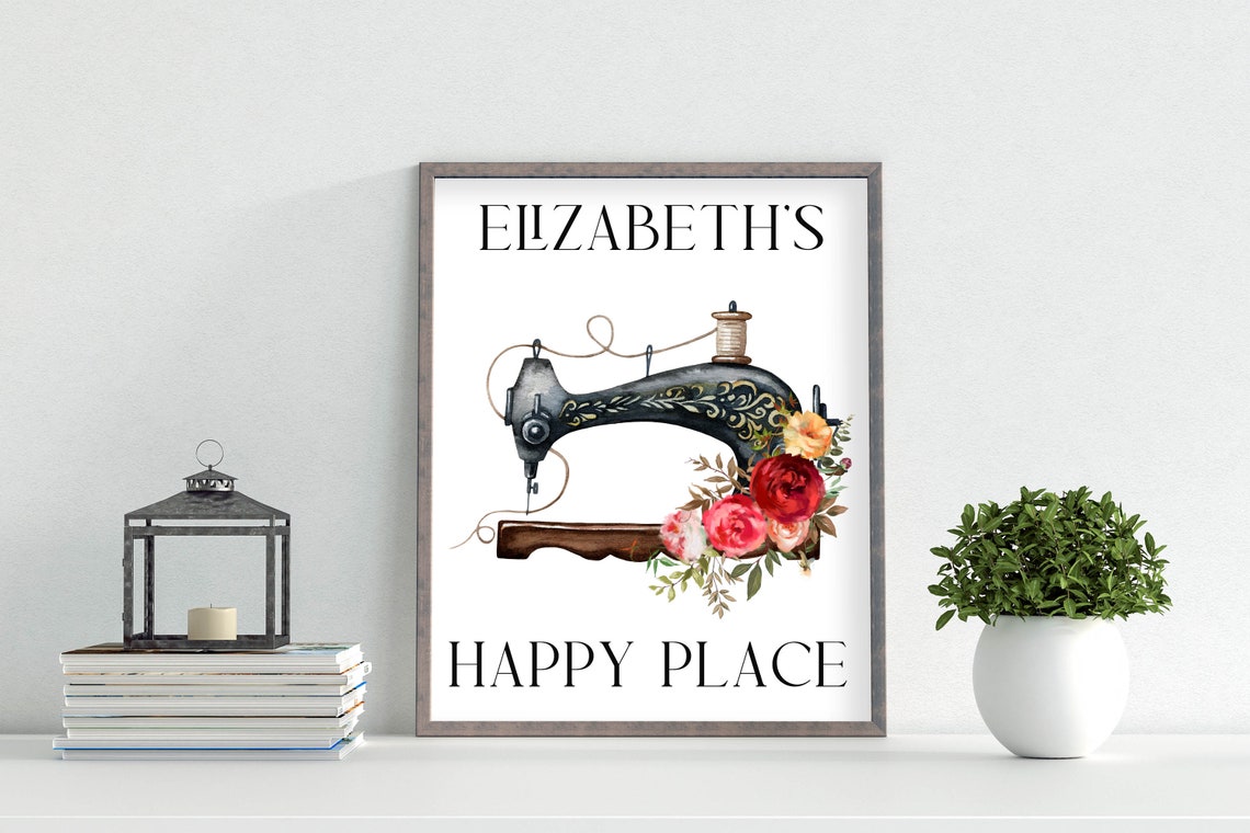 Happy Place Floral Sewing Machine Personalized Craft Art Print - Image 3