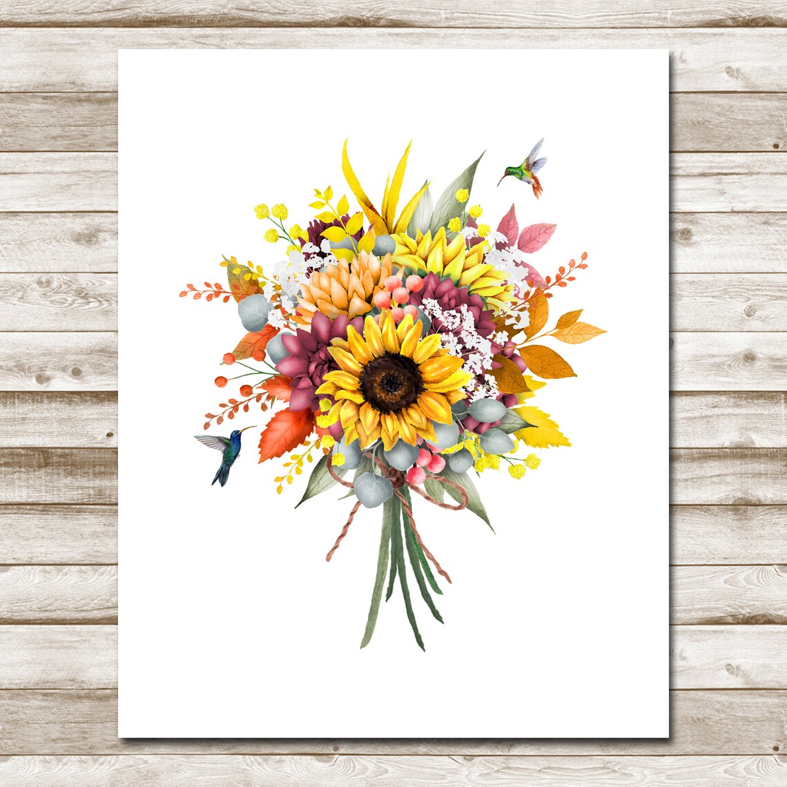 Fall Sunflower Bouquet Watercolor Hummingbirds Autumn Floral Poster - Image 4