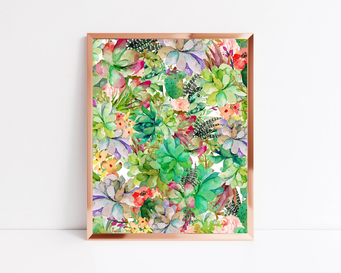 Lush Succulent Garden Watercolor Botanical Pattern Art Poster - Image 2