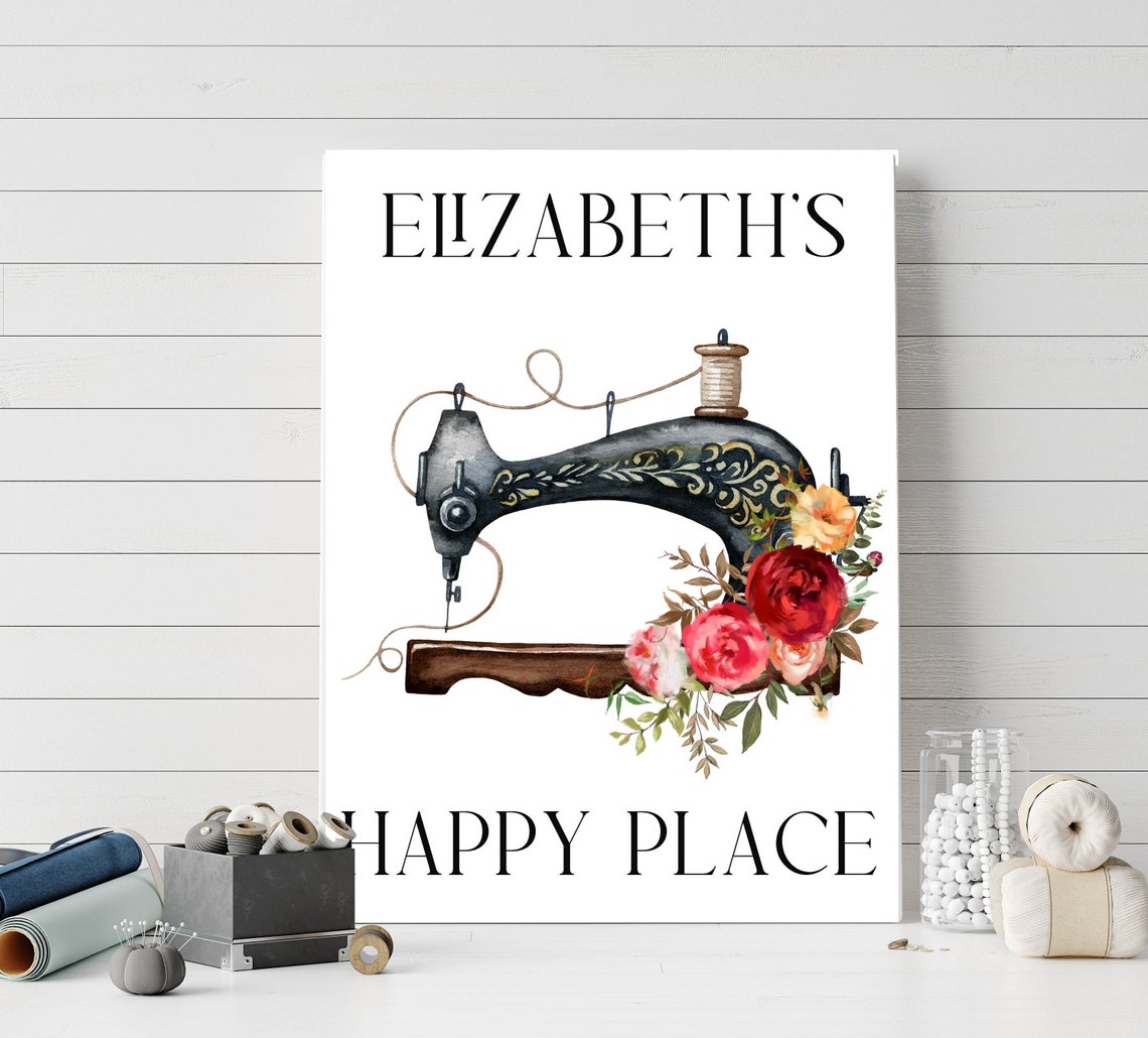Happy Place Floral Sewing Machine Personalized Craft Art Print - Image 2