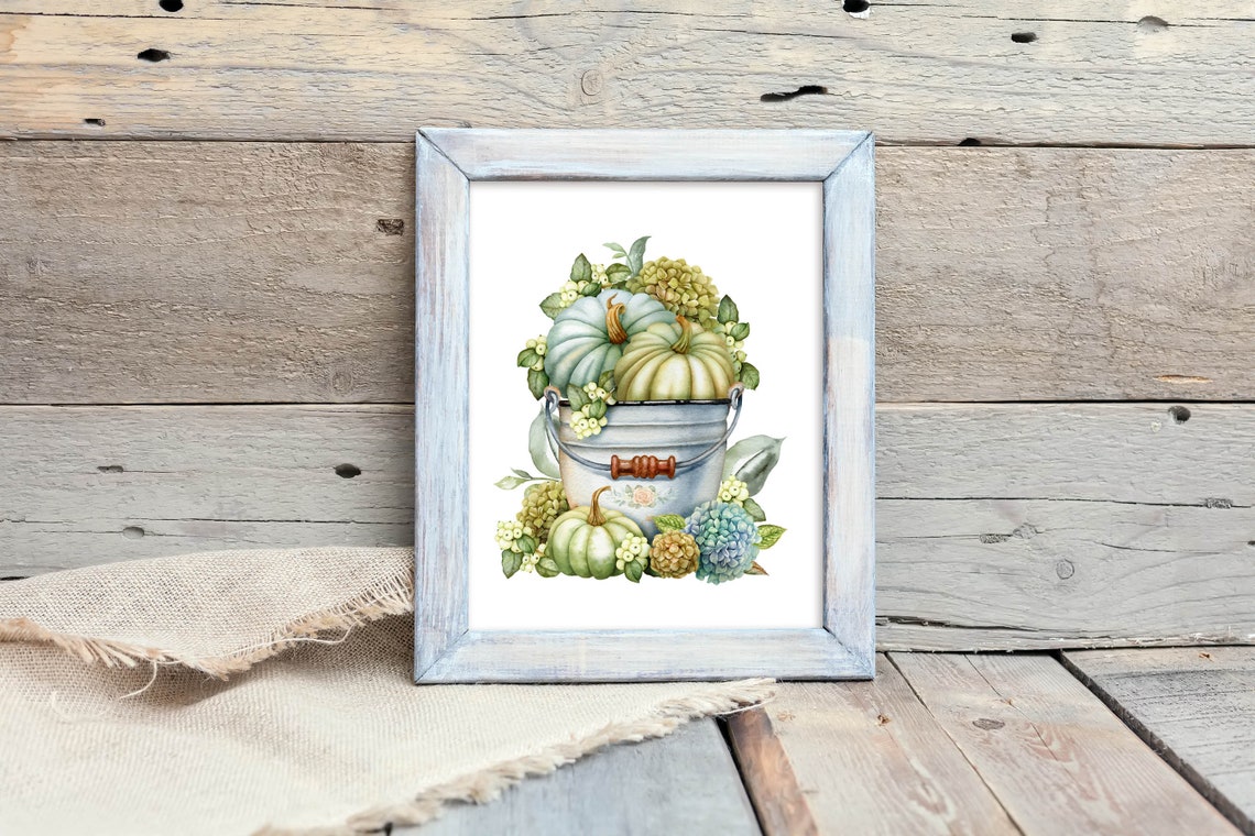 Farmhouse Bucket Pale Pumpkins Hydrangeas Fall Decor Art Print - Image 3