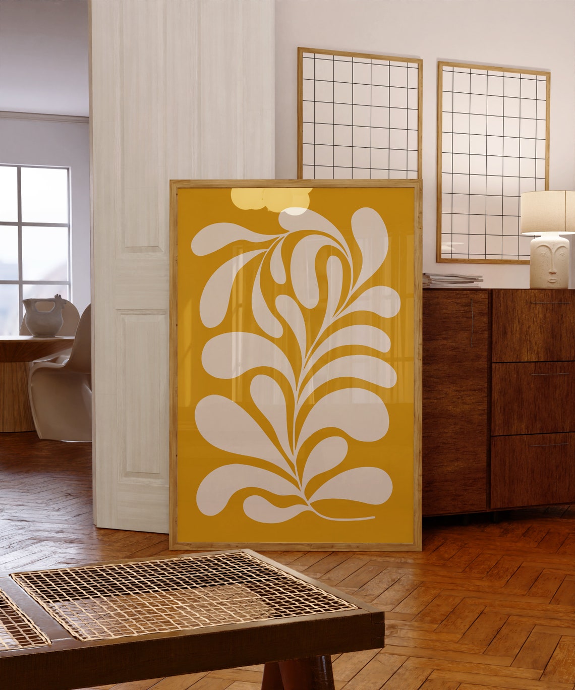 Mustard Yellow Abstract White Curving Leaf Motif Decorative Poster - Image 5