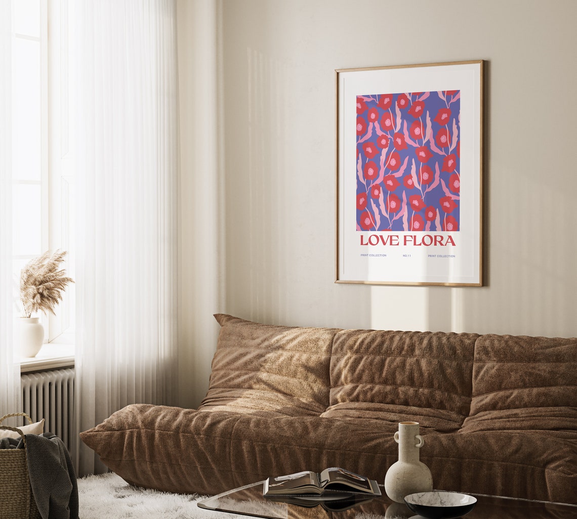Love Flora No.11 Red Poppy Flowers on Blue Botanical Art Poster - Image 3