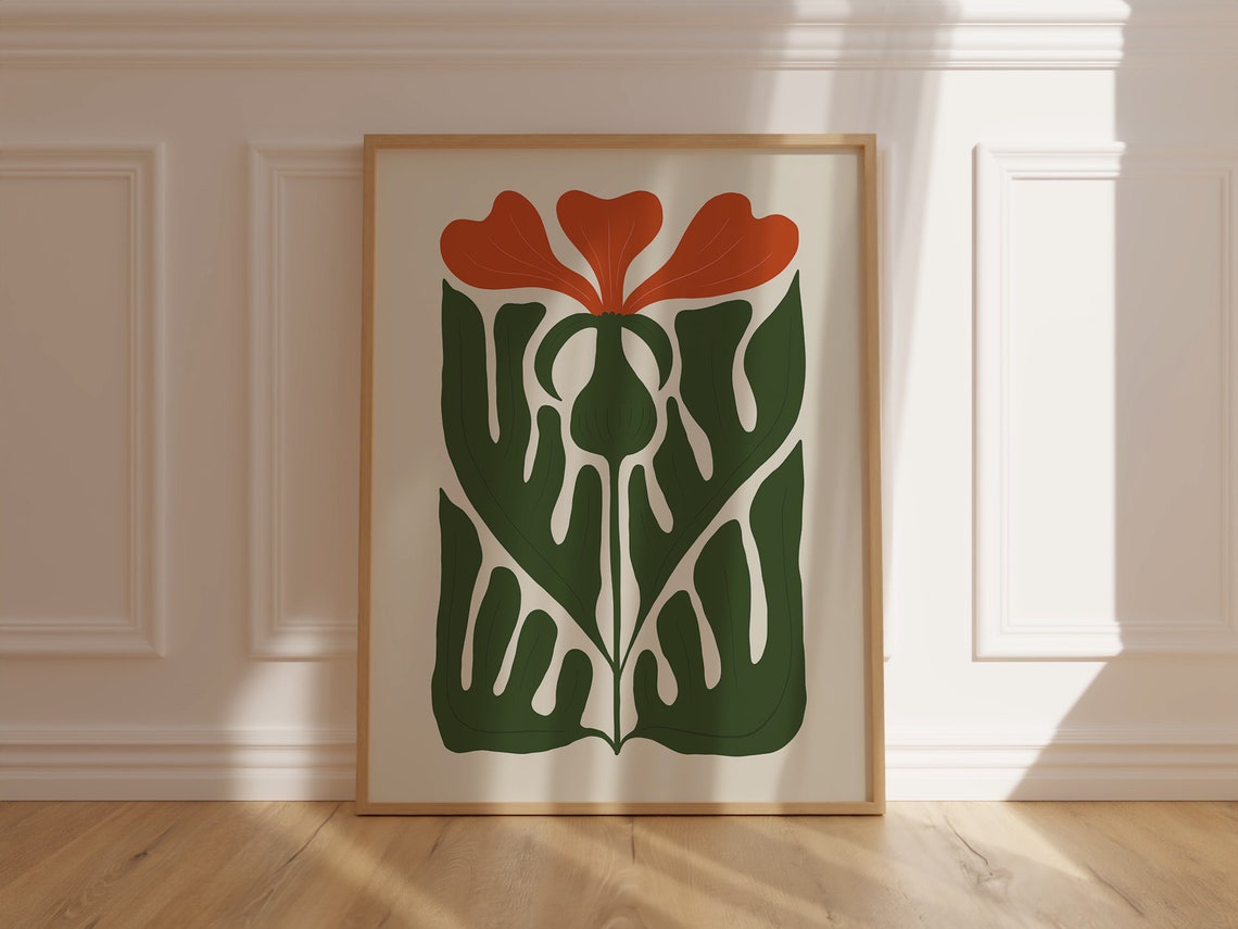 Bold Red Bloom Green Leaf Modern Botanical Statement Art Poster